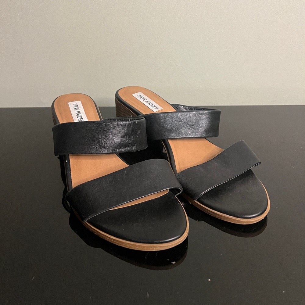 Steve Madden Leather Double Strap Heels Women Size 10 Black